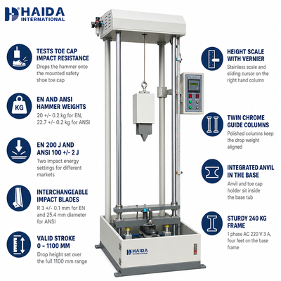 HAIDA Safety Footwear Impact Tester Toe Cap Impact Resistance Testing Machine EN ANSI Standard Shoe Testing Equipment